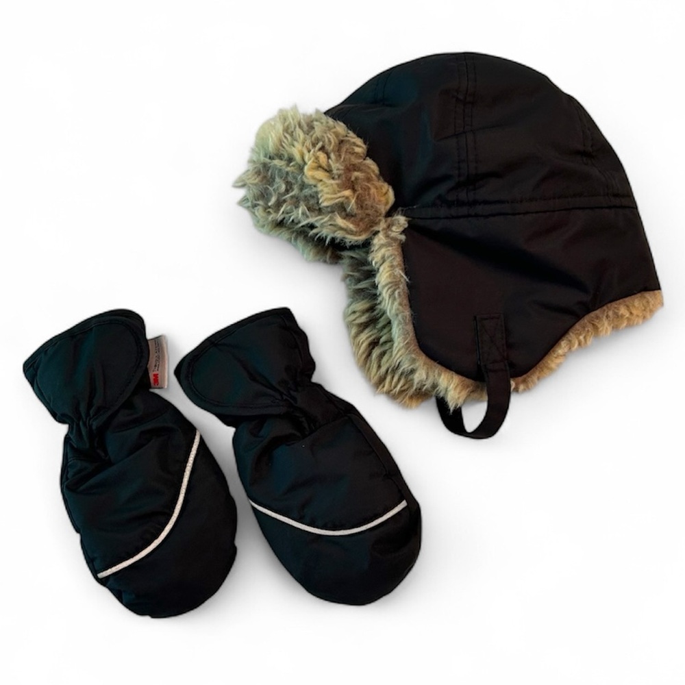 H&M 3T Black Faux Fur Fleece Winter Trapper Hat & Black 3M Thinsulate Mittens